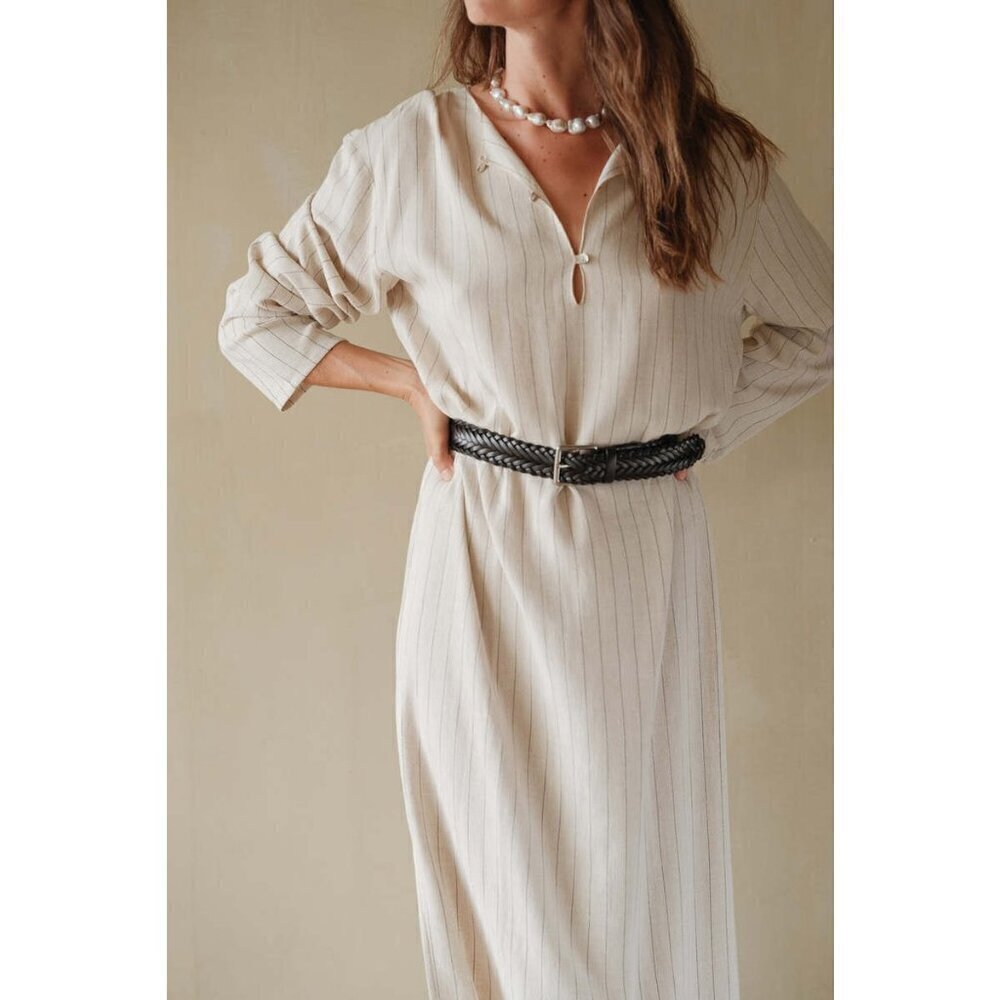 💕DONNI.💕 Pinstripe Tunic Dress ~ Linen Blend Dune Small - Picture 3 of 13